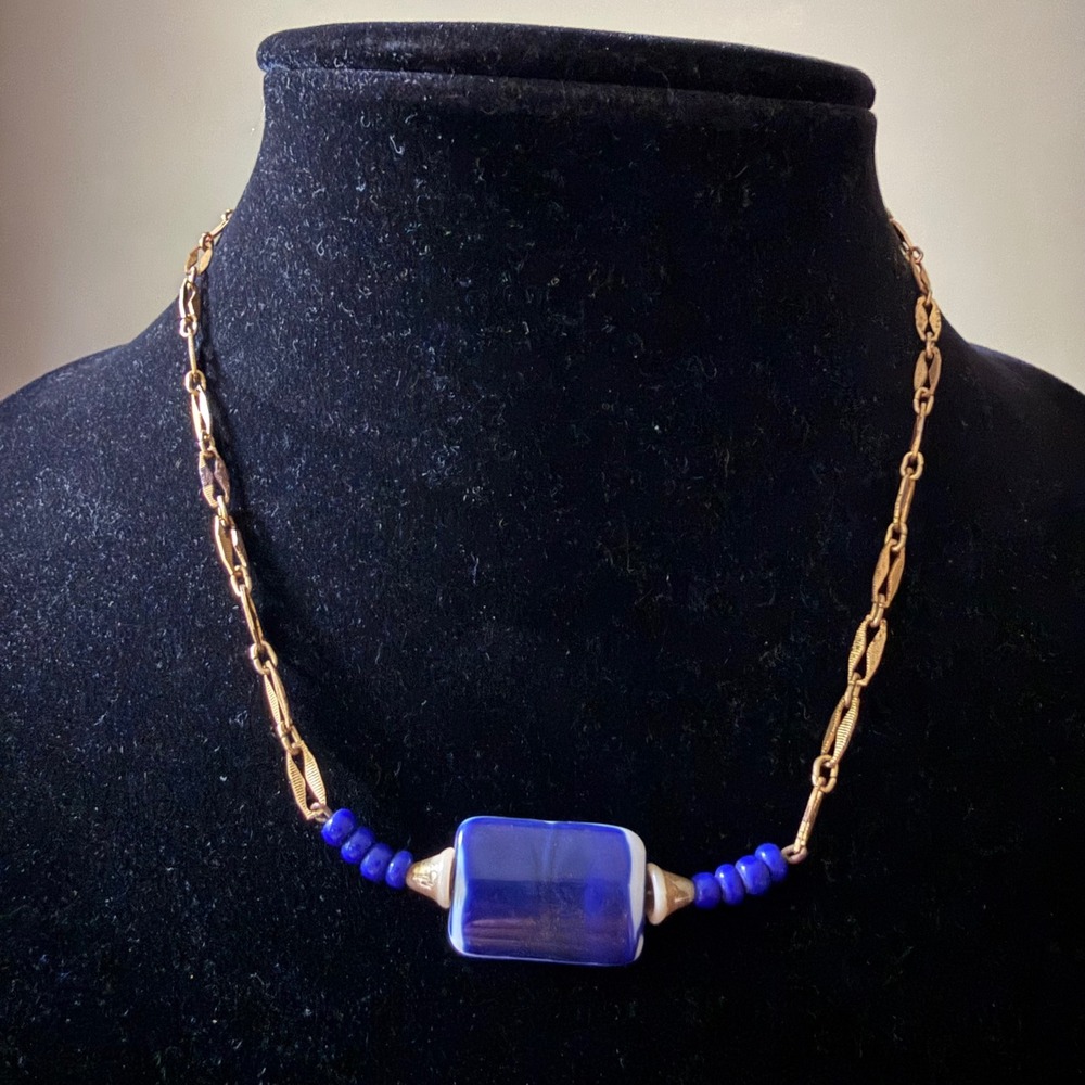 Vintage 1970s Blue Gold Necklace Bohemian Eclectic One Size